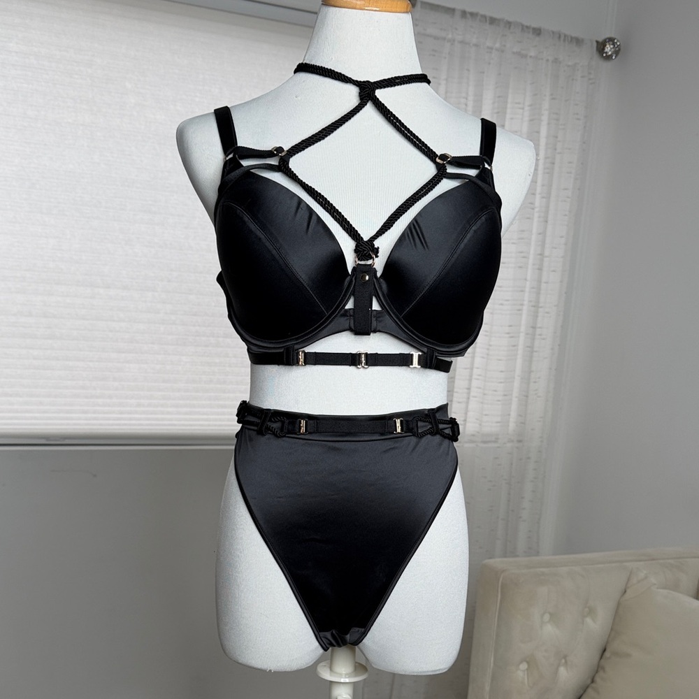 Shibari Black Strappy High-Waist Bra & Brief Luxury Lingerie Honey Birdette XL